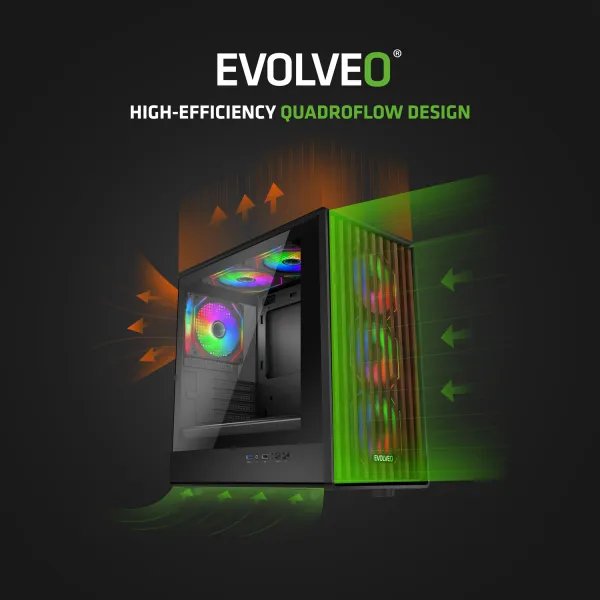EVOLVEO Panthera, mATX skriňa, 6x ARGB 120 mm ventilátor, drevený predný panel + sklenený bočný panel