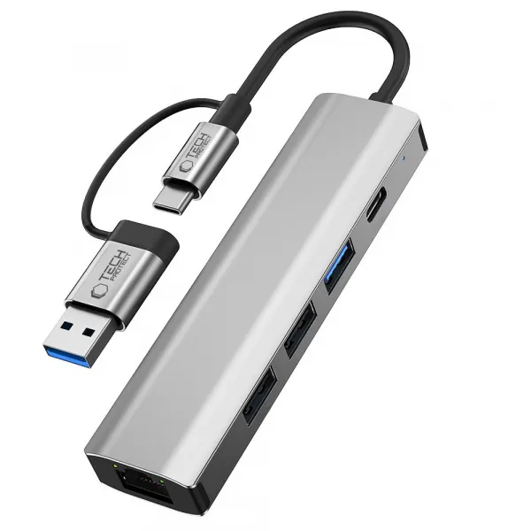 Tech-Protect HB03 HUB adaptér USB-C + USB - 3x USB / USB-C / RJ45, šedý
