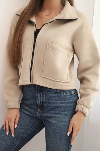 Cotton insulated sweatshirt with zipper light beige