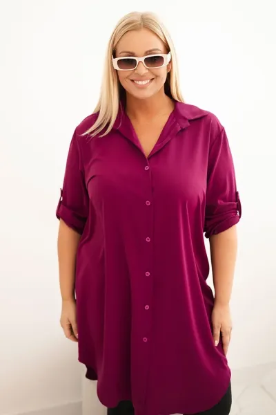 Legínovo Dámske košeľové šaty Plus Size s dlhším zadným dielom a vyhrnutým rukávom hnedé Farba: Tmavá mätová, Veľkosť: UNI