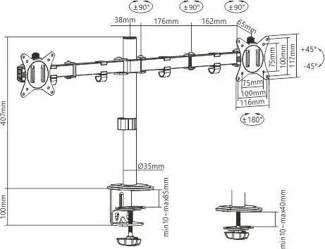 GEMBIRD Držák 2 monitorů na stůl MA-D2-01, naklápěcí, až do 32” a 9kg, černý