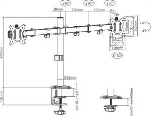 GEMBIRD Držák 2 monitorů na stůl MA-D2-01, naklápěcí, až do 32” a 9kg, černý