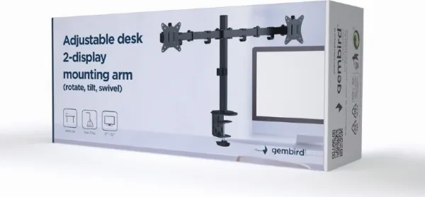 GEMBIRD Držák 2 monitorů na stůl MA-D2-01, naklápěcí, až do 32” a 9kg, černý