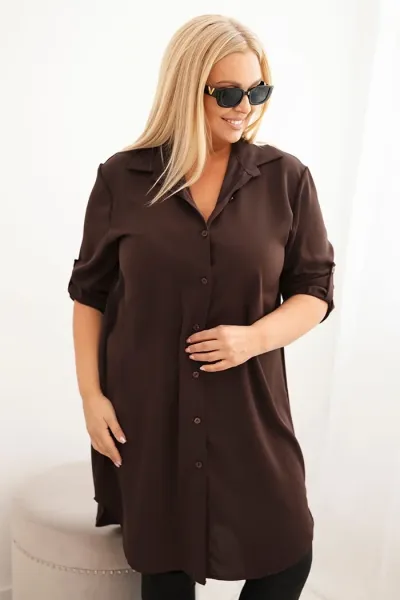 Legínovo Dámske košeľové šaty Plus Size s dlhším zadným dielom a vyhrnutým rukávom hnedé Farba: Tmavá mätová, Veľkosť: UNI