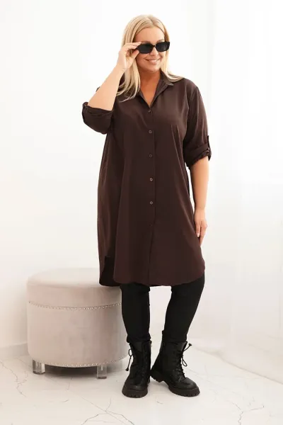 Legínovo Dámske košeľové šaty Plus Size s dlhším zadným dielom a vyhrnutým rukávom hnedé Farba: Tmavá mätová, Veľkosť: UNI