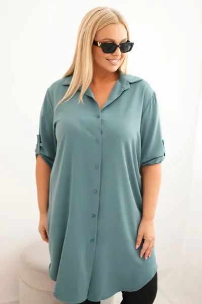 Legínovo Dámske košeľové šaty Plus Size s dlhším zadným dielom a vyhrnutým rukávom hnedé Farba: Tmavá camel, Veľkosť: UNI