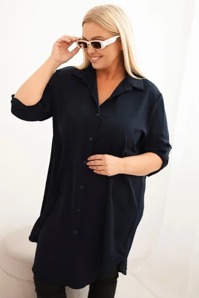 Legínovo Dámske košeľové šaty Plus Size s dlhším zadným dielom a vyhrnutým rukávom hnedé Farba: Tmavá mätová, Veľkosť: UNI
