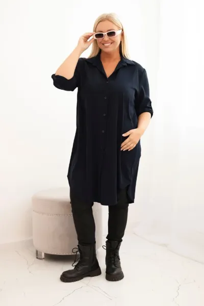 Legínovo Dámske košeľové šaty Plus Size s dlhším zadným dielom a vyhrnutým rukávom hnedé Farba: Tmavá mätová, Veľkosť: UNI