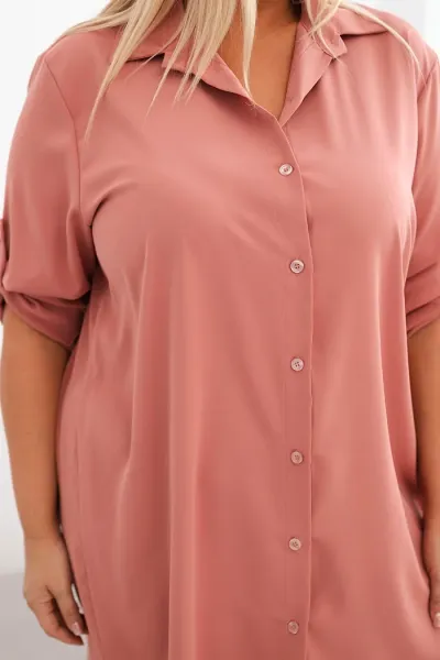 Legínovo Dámske košeľové šaty Plus Size s dlhším zadným dielom a vyhrnutým rukávom hnedé Farba: Tmavá mätová, Veľkosť: UNI