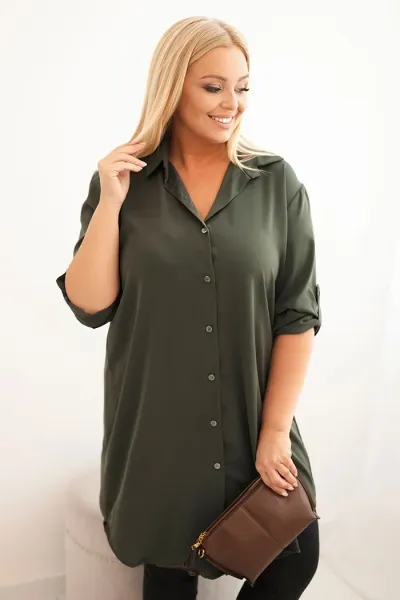 Legínovo Dámske košeľové šaty Plus Size s dlhším zadným dielom a vyhrnutým rukávom hnedé Farba: Tmavá mätová, Veľkosť: UNI