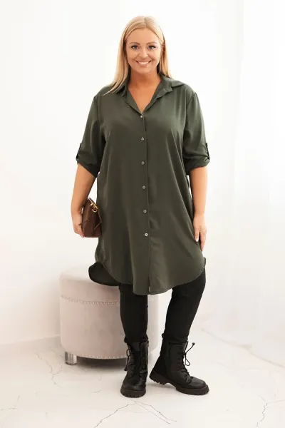 Legínovo Dámske košeľové šaty Plus Size s dlhším zadným dielom a vyhrnutým rukávom hnedé Farba: Tmavá mätová, Veľkosť: UNI