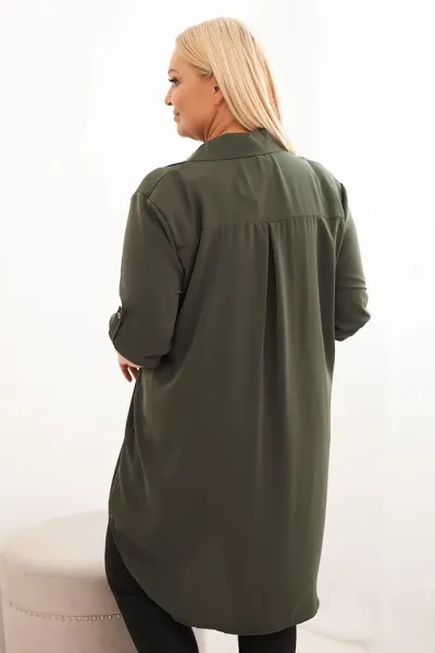 Legínovo Dámske košeľové šaty Plus Size s dlhším zadným dielom a vyhrnutým rukávom hnedé Farba: Tmavá mätová, Veľkosť: UNI