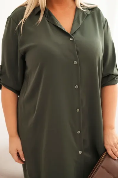 Legínovo Dámske košeľové šaty Plus Size s dlhším zadným dielom a vyhrnutým rukávom hnedé Farba: Tmavá mätová, Veľkosť: UNI