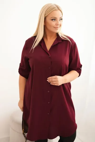 Legínovo Dámske košeľové šaty Plus Size s dlhším zadným dielom a vyhrnutým rukávom hnedé Farba: Tmavá mätová, Veľkosť: UNI