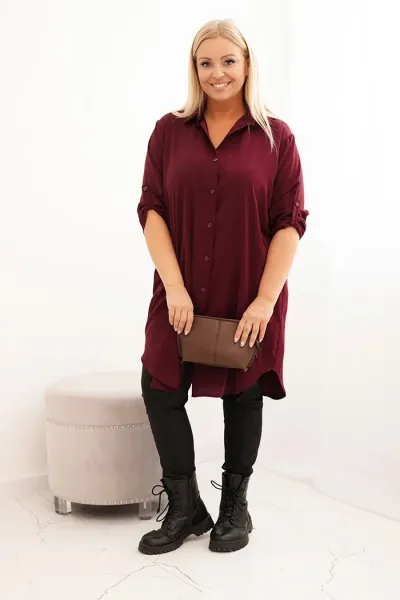 Legínovo Dámske košeľové šaty Plus Size s dlhším zadným dielom a vyhrnutým rukávom hnedé Farba: Tmavá mätová, Veľkosť: UNI