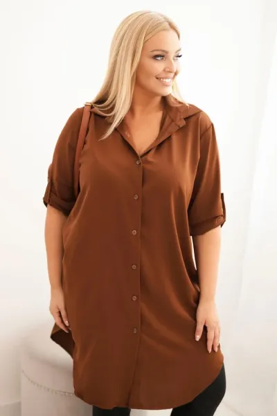Legínovo Dámske košeľové šaty Plus Size s dlhším zadným dielom a vyhrnutým rukávom hnedé Farba: Tmavá mätová, Veľkosť: UNI