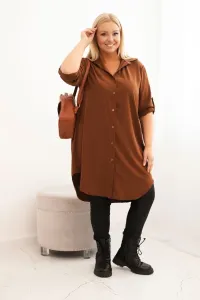 Legínovo Dámske košeľové šaty Plus Size s dlhším zadným dielom a vyhrnutým rukávom hnedé Farba: Tmavá mätová, Veľkosť: UNI
