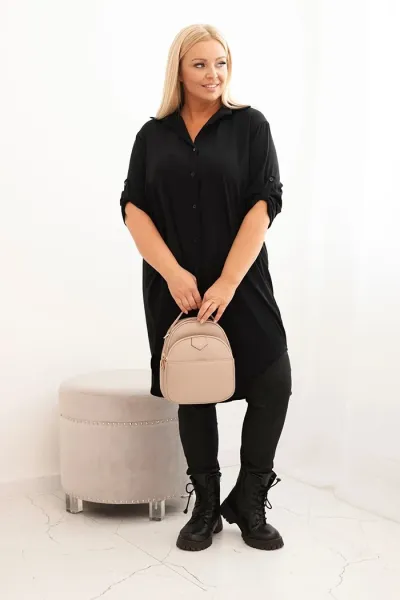 Legínovo Dámske košeľové šaty Plus Size s dlhším zadným dielom a vyhrnutým rukávom hnedé Farba: Tmavá mätová, Veľkosť: UNI