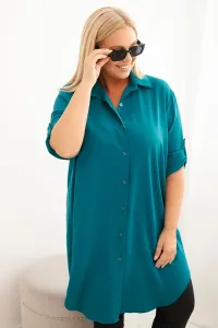Legínovo Dámske košeľové šaty Plus Size s dlhším zadným dielom a vyhrnutým rukávom hnedé Farba: Tmavá mätová, Veľkosť: UNI