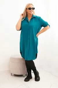Legínovo Dámske košeľové šaty Plus Size s dlhším zadným dielom a vyhrnutým rukávom hnedé Farba: Tmavá mätová, Veľkosť: UNI