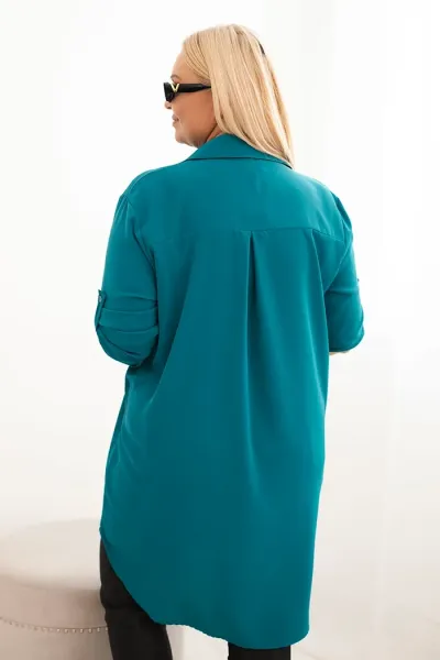 Legínovo Dámske košeľové šaty Plus Size s dlhším zadným dielom a vyhrnutým rukávom hnedé Farba: Tmavá mätová, Veľkosť: UNI