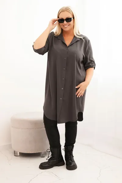 Legínovo Dámske košeľové šaty Plus Size s dlhším zadným dielom a vyhrnutým rukávom hnedé Farba: Tmavá mätová, Veľkosť: UNI
