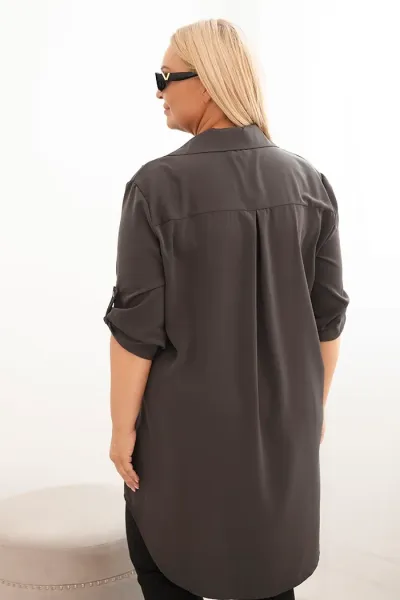 Legínovo Dámske košeľové šaty Plus Size s dlhším zadným dielom a vyhrnutým rukávom hnedé Farba: Tmavá mätová, Veľkosť: UNI