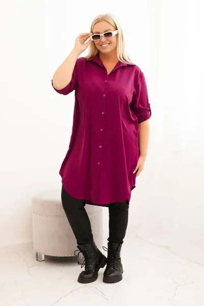 Legínovo Dámske košeľové šaty Plus Size s dlhším zadným dielom a vyhrnutým rukávom hnedé Farba: Tmavá mätová, Veľkosť: UNI