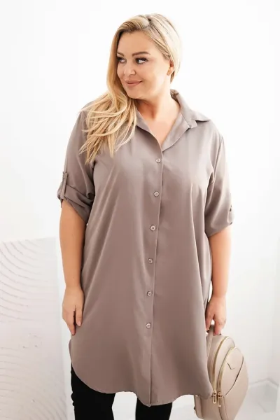 Legínovo Dámske košeľové šaty Plus Size s dlhším zadným dielom a vyhrnutým rukávom hnedé Farba: Tmavá mätová, Veľkosť: UNI