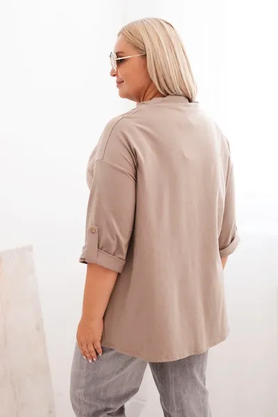 Legínovo Dámska blúzka Plus Size z bavlnou voľného strihu s vodným výstrihom béžová Farba: Hnedá, Veľkosť: UNI