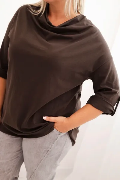 Legínovo Dámska blúzka Plus Size z bavlnou voľného strihu s vodným výstrihom béžová Farba: Hnedá, Veľkosť: UNI