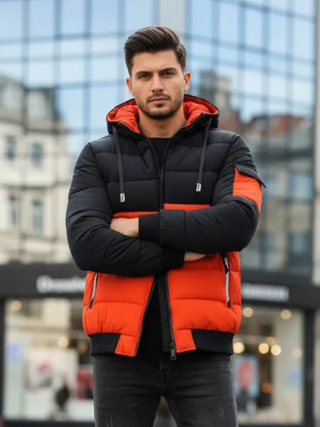 Trendy zimná bunda s kapucňou čierna a oranžová