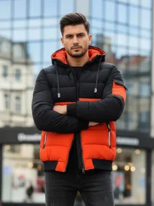 Trendy zimná bunda s kapucňou čierna a oranžová