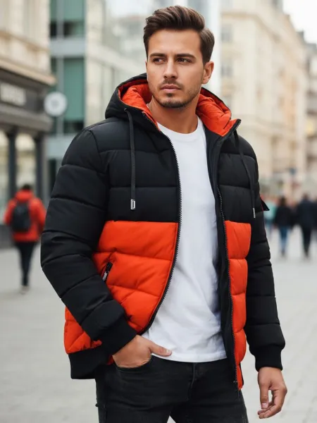 Trendy zimná bunda s kapucňou čierna a oranžová