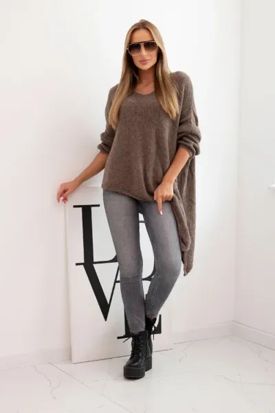 Legínovo Asymetrický vlnený dámsky sveter Plus Size s V výstrihom čierny Farba: Hnedá, Veľkosť: UNI