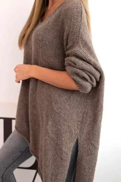 Legínovo Asymetrický vlnený dámsky sveter Plus Size s V výstrihom čierny Farba: Hnedá, Veľkosť: UNI