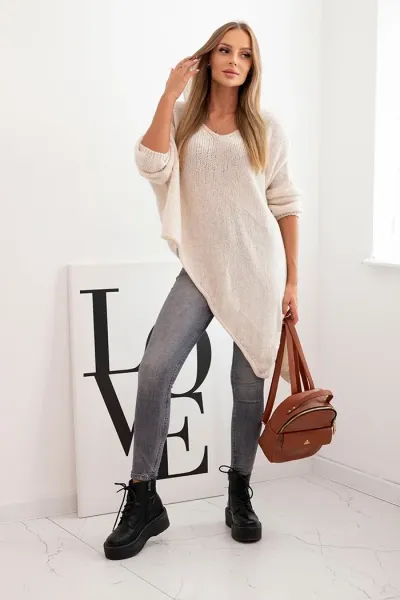 Legínovo Asymetrický vlnený dámsky sveter Plus Size s V výstrihom čierny Farba: Hnedá, Veľkosť: UNI