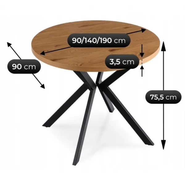 JAKS Okrúhly rozkladací stôl čierny 90 - 190 cm zlatý dub Lugo