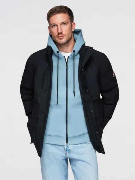 Ombre Men's winter jacket with detachable hood in waterproof material - black