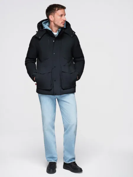 Ombre Men's winter jacket with detachable hood in waterproof material - black