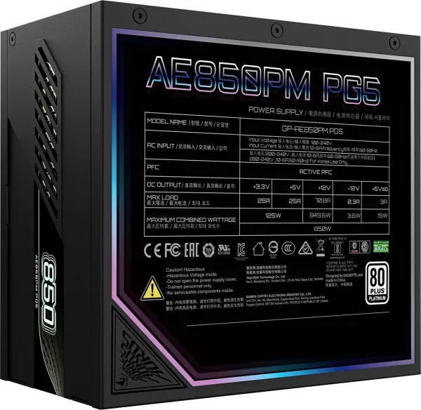 GIGABYTE zdroj AE850PM PG5, 850W, 80+ Platinum, 120mm fan, černá