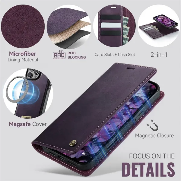CASEME C49 Peňaženkové puzdro a zadný kryt 2v1 Apple iPhone 16 Pro Max fialový