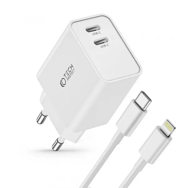 Tech-Protect C35W sieťová nabíjačka 2x USB-C 35W + kábel USB-C / Lightning, biela