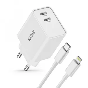 Tech-Protect C35W sieťová nabíjačka 2x USB-C 35W + kábel USB-C / Lightning, biela