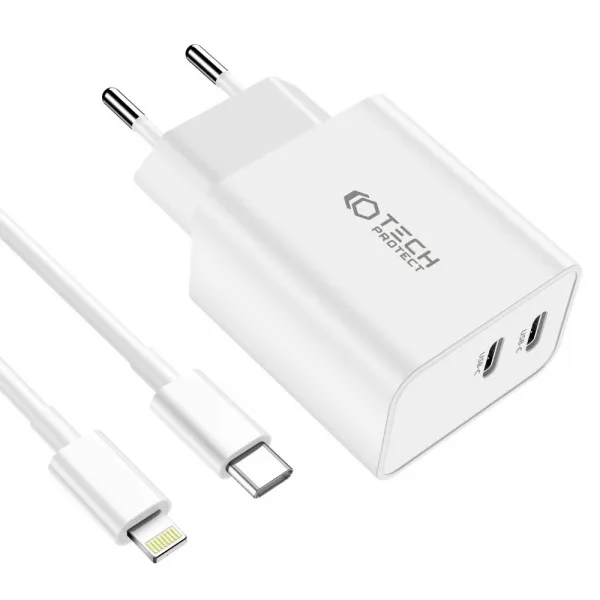 Tech-Protect C35W sieťová nabíjačka 2x USB-C 35W + kábel USB-C / Lightning, biela