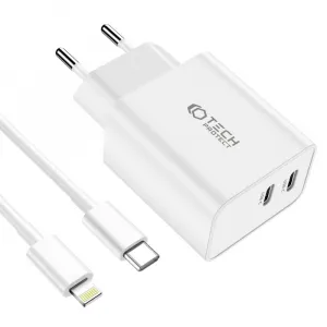 Tech-Protect C35W sieťová nabíjačka 2x USB-C 35W + kábel USB-C / Lightning, biela