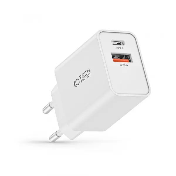 Tech-Protect 2-port sieťová nabíjačka USB / USB-C 30W QC, biela