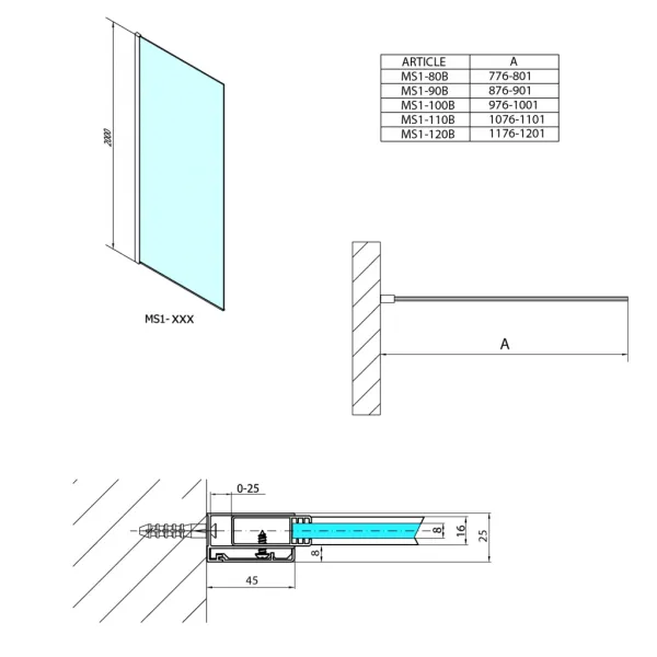 MODULAR SHOWER BLACK jednodílná zástěna pevná k instalaci na zeď, 800 mm MS1-80B