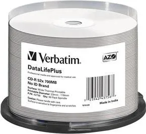 VERBATIM CD-R(50-pack) spindl, AZO 52X,700MB,WHITE WIDE THERMAL PRINTABLE SURFACE NON-ID