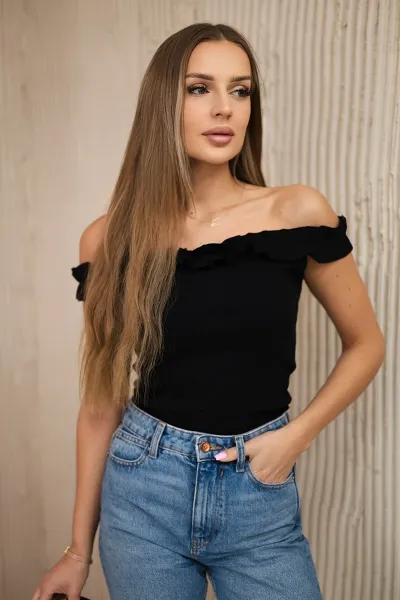 Legínovo Béžová blúzka španielskeho strihu s volánmi Farba: Modrá, Veľkosť: UNI